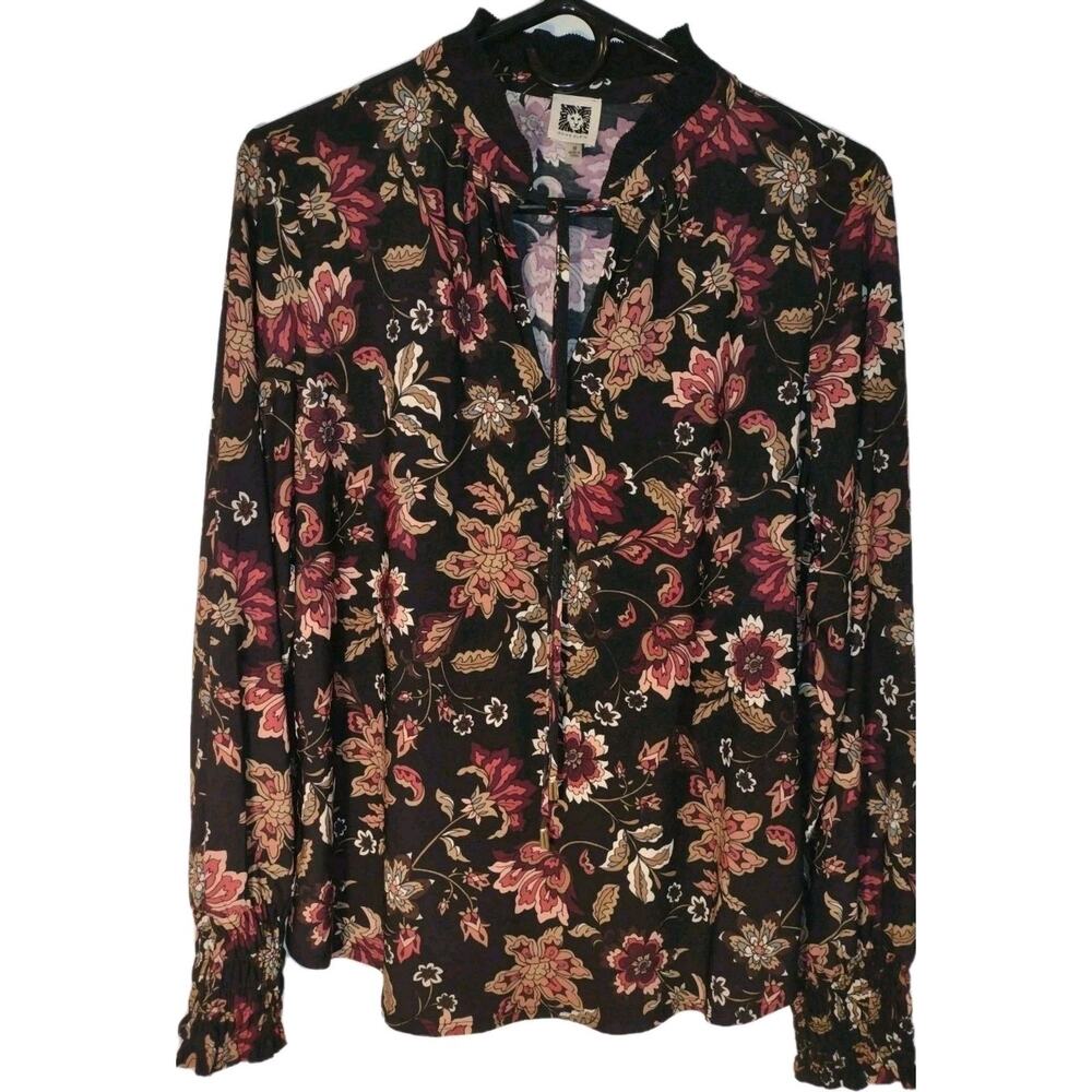 Anne Klein Fall Floral Ruffle Neck Blouse Elegant Boho Style Long Sleeve Medium